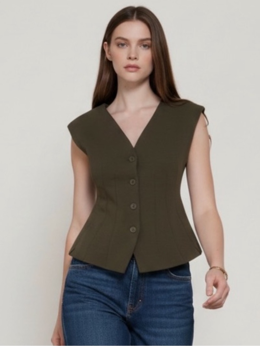 A493 Olive Cotton Scuba Contour Darted Structured Shoulder Vest
